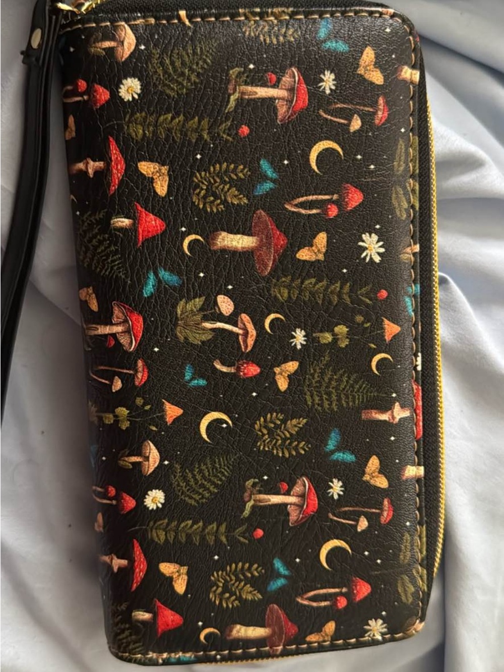 Mushroom Print Zip Wallet - Black with Red & Teal Accents